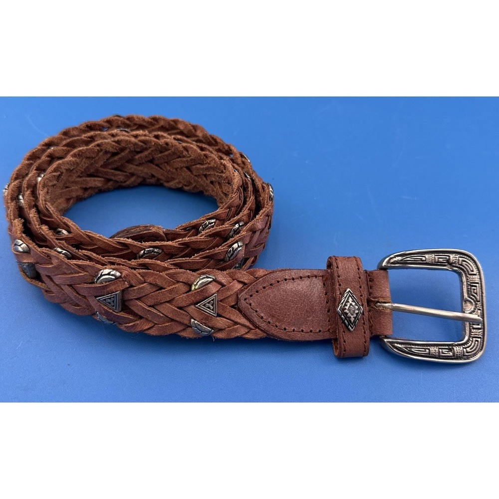 VTG 90s Braided Leather Southwestern Concho‎ Belt Engraved Buckle Brown Boho Lg